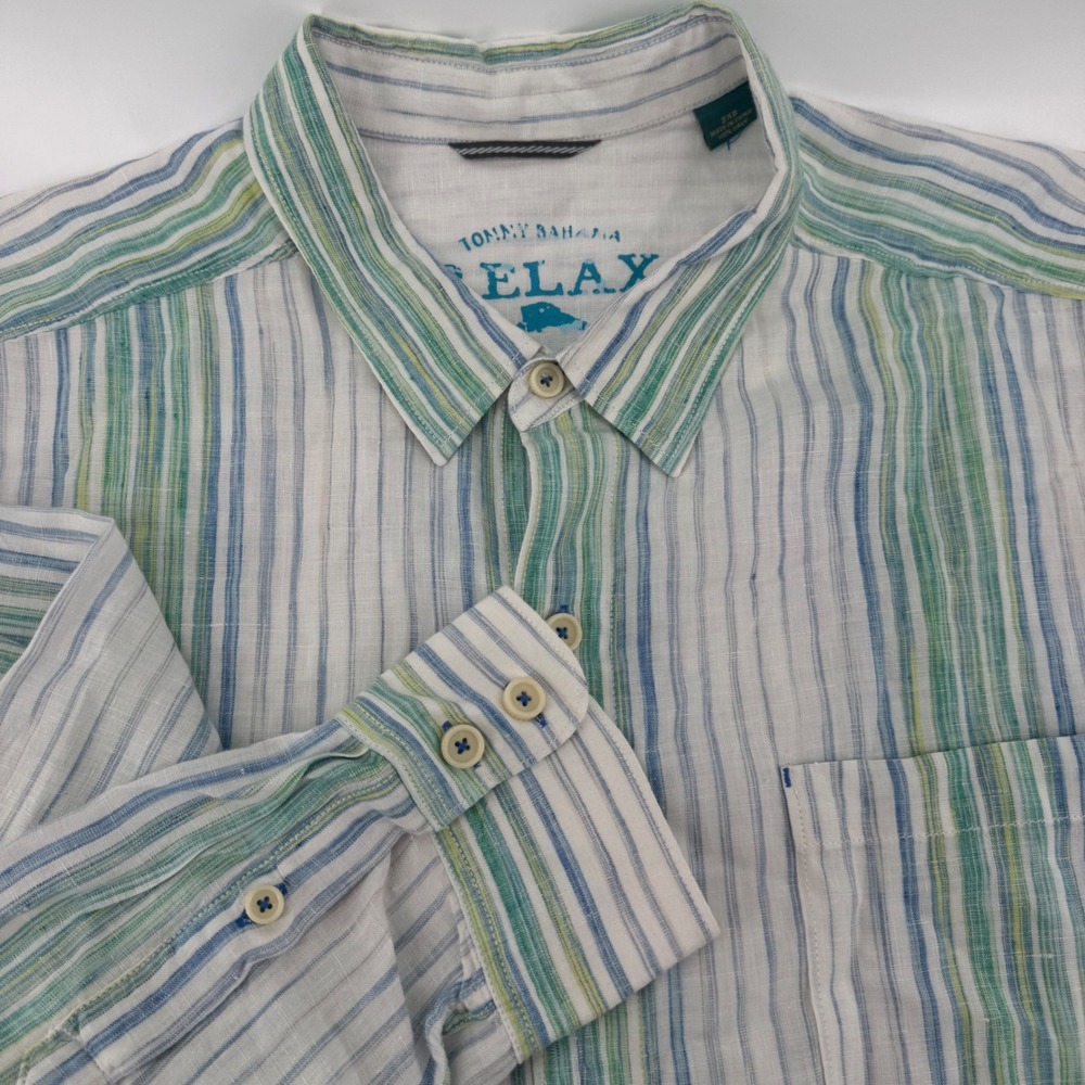 Tommy Bahama Relax Mens 2XB Linen Striped Button Down Shirt Blue Green White